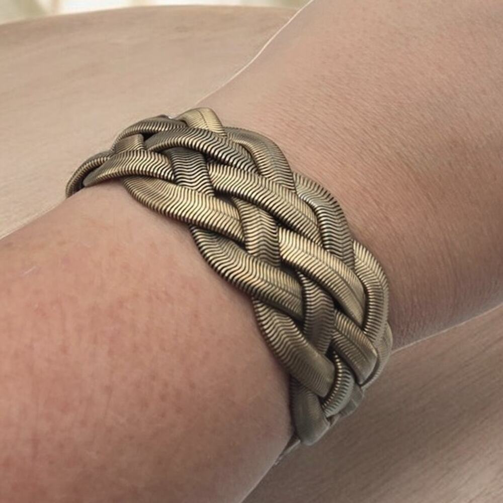 Woven Gold Tone Herringbone Bracelet Sculptural Statement Quiet Luxury